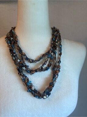 #JC3 Multi-Strand Blue and Brown Beaded Knit Necklace